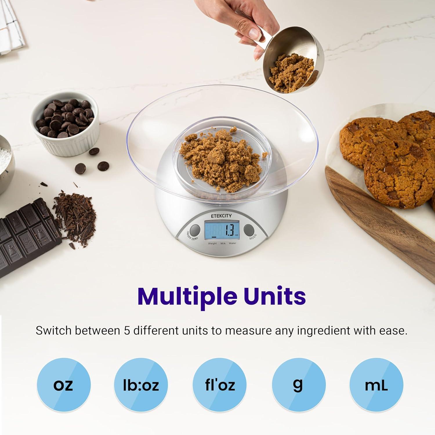 imageEtekcity Food Kitchen Scale With Bowl Digital Ounces and Grams for Cooking Baking Meal Prep Dieting and Weight Loss 11lb5kg Backlit DisplayStainless SteelGray