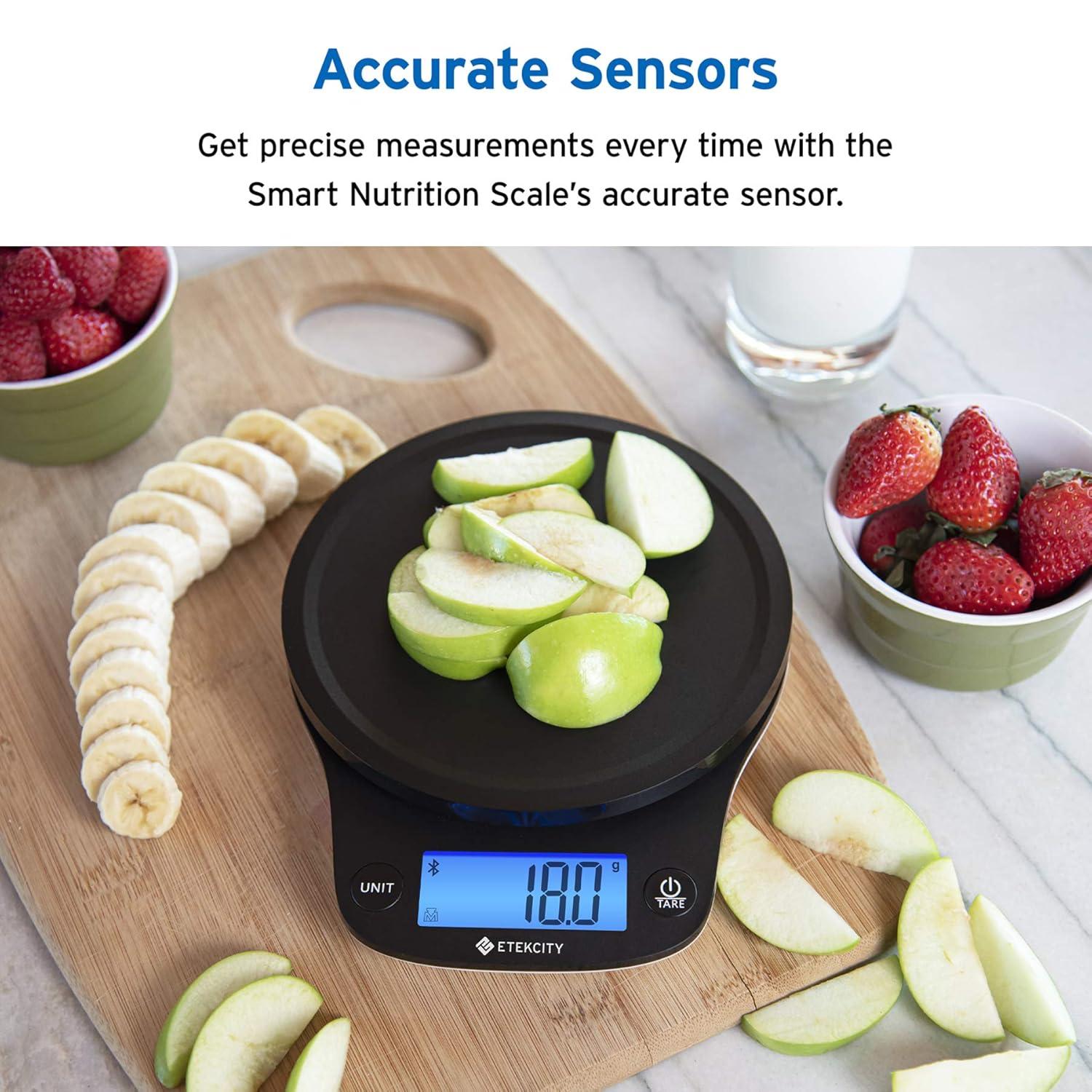 imageEtekcity Nutrition Smart Food Kitchen Scale Digital Ounces and Grams for Cooking Baking Meal Prep Dieting and Weight Loss 11 PoundsBluetooth BlackSmart Round Size