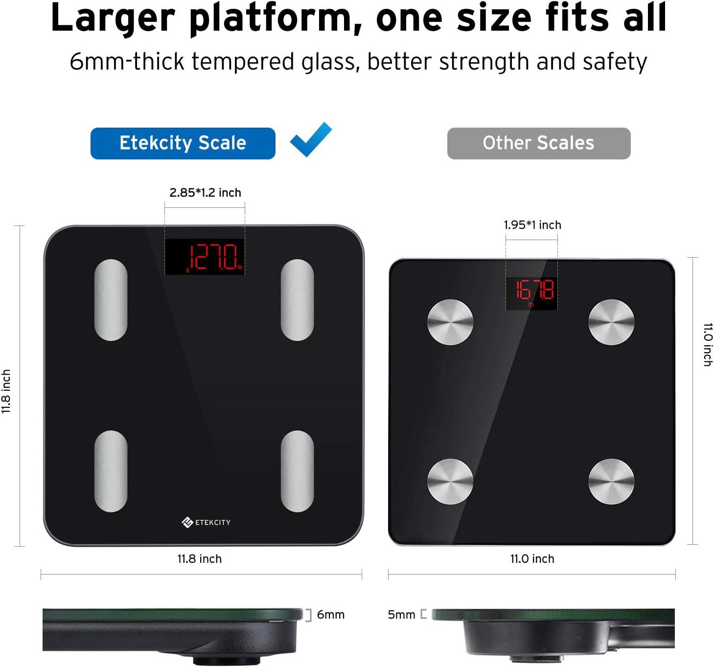 imageEtekcity Scales for Body Weight Bathroom Digital Weight Scale Fat Smart Bluetooth BMI and Loss Sync 13 Data with Other Fitness Apps Black 11x11 InchBlackDeep