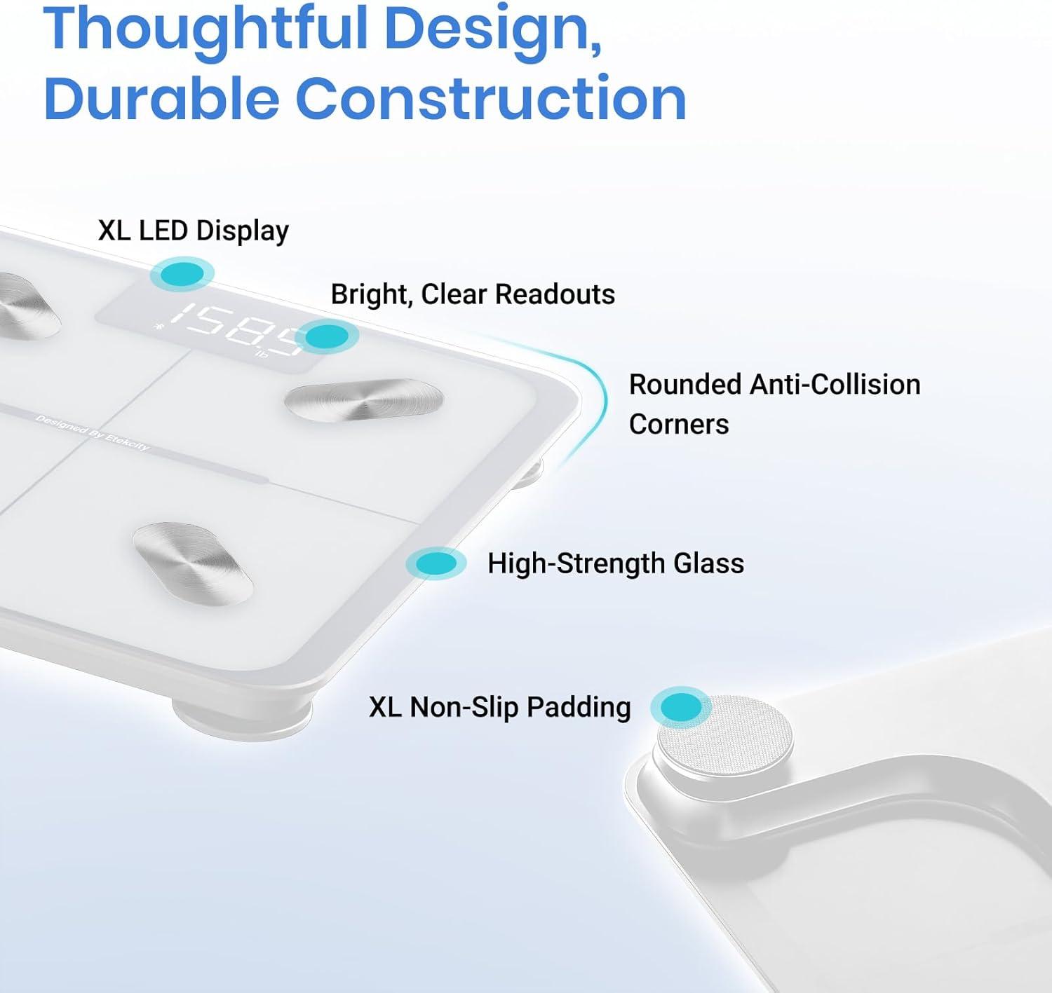 imageEtekcity Scales for Body Weight Bathroom Digital Weight Scale Fat Smart Bluetooth BMI and Loss Sync 13 Data with Other Fitness Apps Black 11x11 InchClassic White