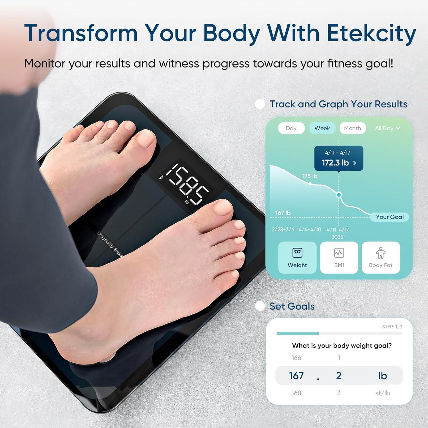 imageEtekcity Scales for Body Weight Bathroom Digital Weight Scale Fat Smart Bluetooth BMI and Loss Sync 13 Data with Other Fitness Apps Black 11x11 InchClassicBlack