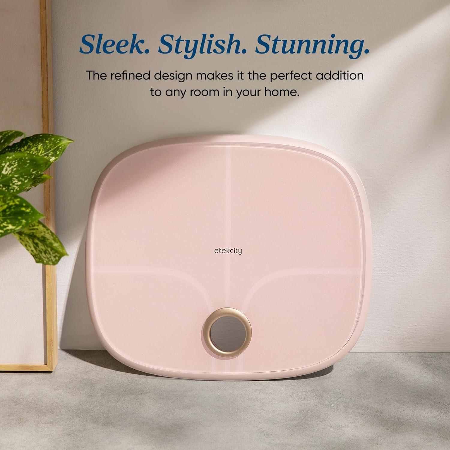 imageEtekcity Scales for Body Weight Bathroom Digital Weight Scale Fat Smart Bluetooth BMI and Loss Sync 13 Data with Other Fitness Apps Black 11x11 InchRechargeableCotton Candy Pink