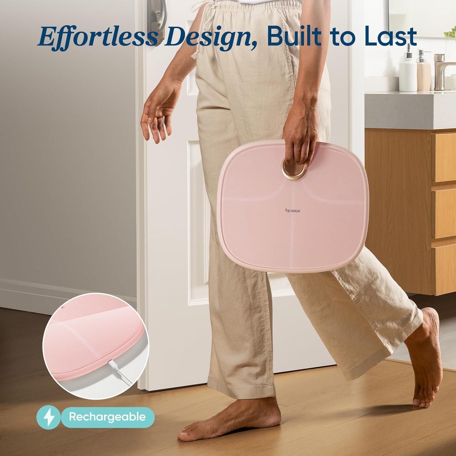 imageEtekcity Scales for Body Weight Bathroom Digital Weight Scale Fat Smart Bluetooth BMI and Loss Sync 13 Data with Other Fitness Apps Black 11x11 InchRechargeableCotton Candy Pink
