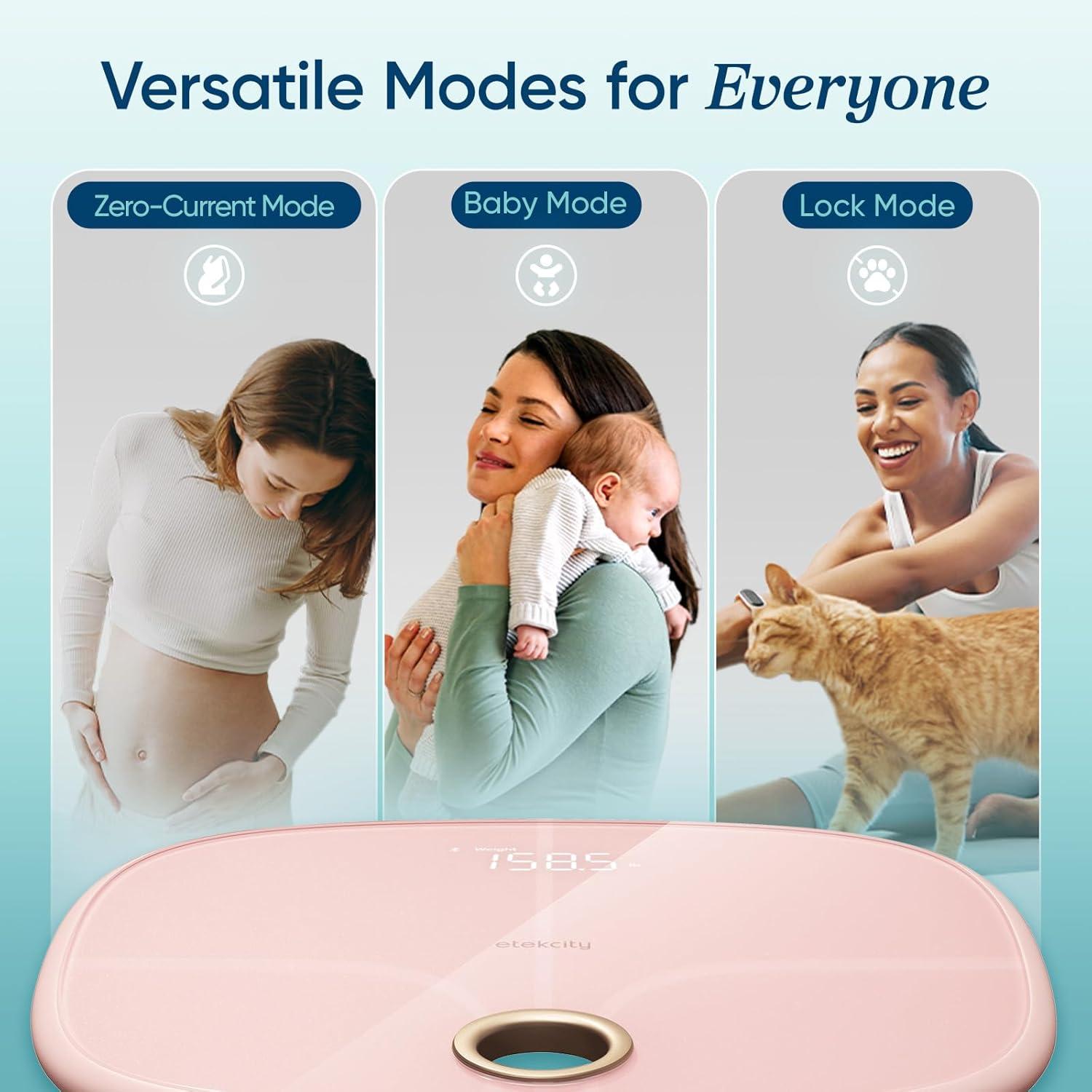 imageEtekcity Scales for Body Weight Bathroom Digital Weight Scale Fat Smart Bluetooth BMI and Loss Sync 13 Data with Other Fitness Apps Black 11x11 InchRechargeableCotton Candy Pink