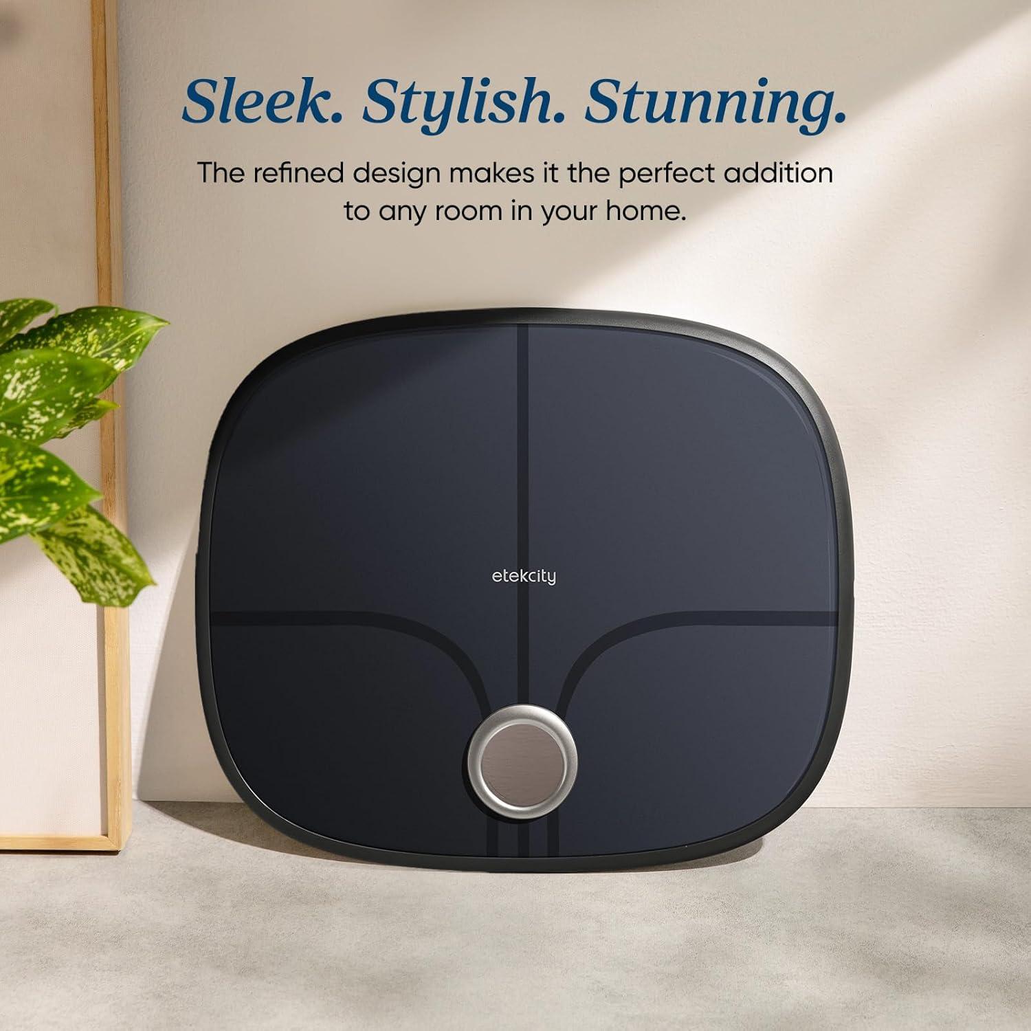 imageEtekcity Scales for Body Weight Bathroom Digital Weight Scale Fat Smart Bluetooth BMI and Loss Sync 13 Data with Other Fitness Apps Black 11x11 InchRechargeable Stealth Black