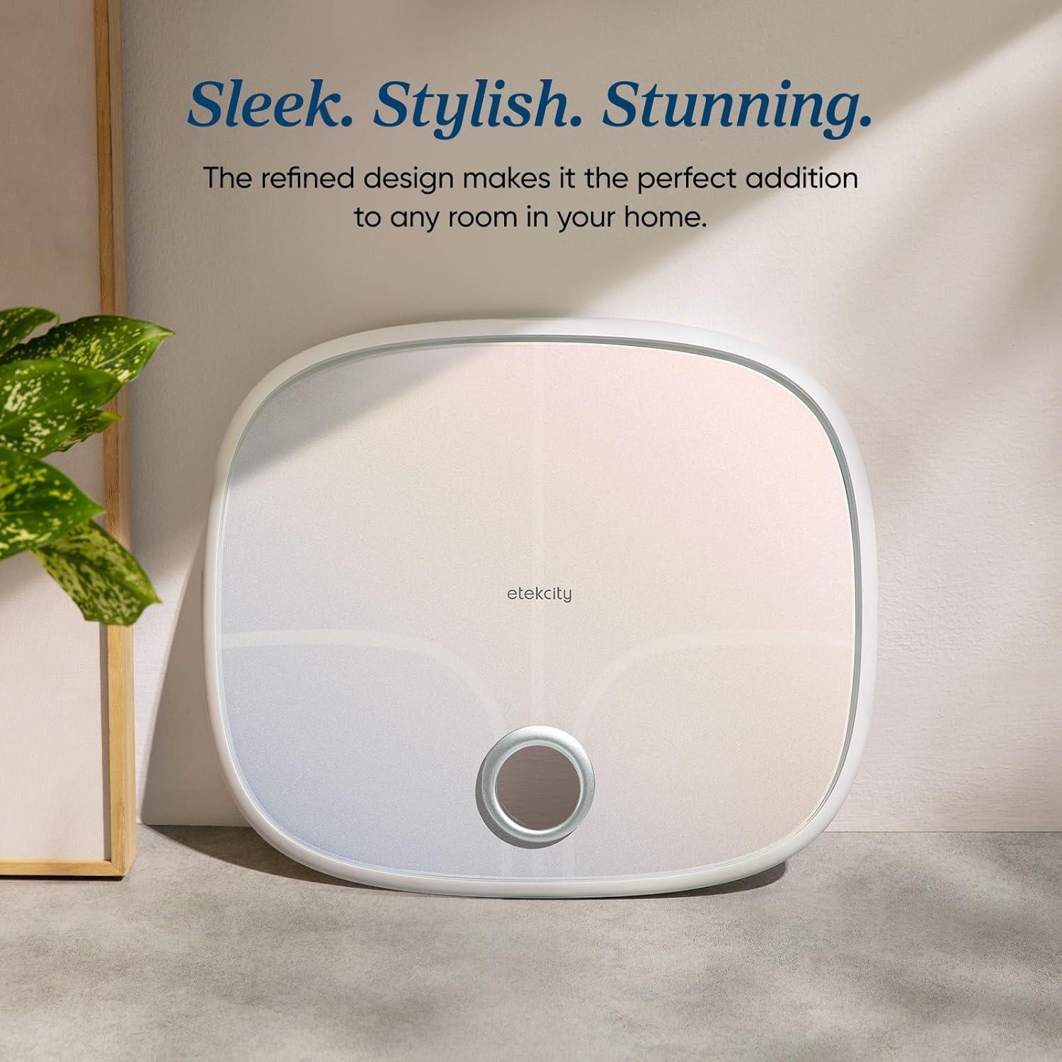 imageEtekcity Scales for Body Weight Bathroom Digital Weight Scale Fat Smart Bluetooth BMI and Loss Sync 13 Data with Other Fitness Apps Black 11x11 InchRechargeable Rainbow White
