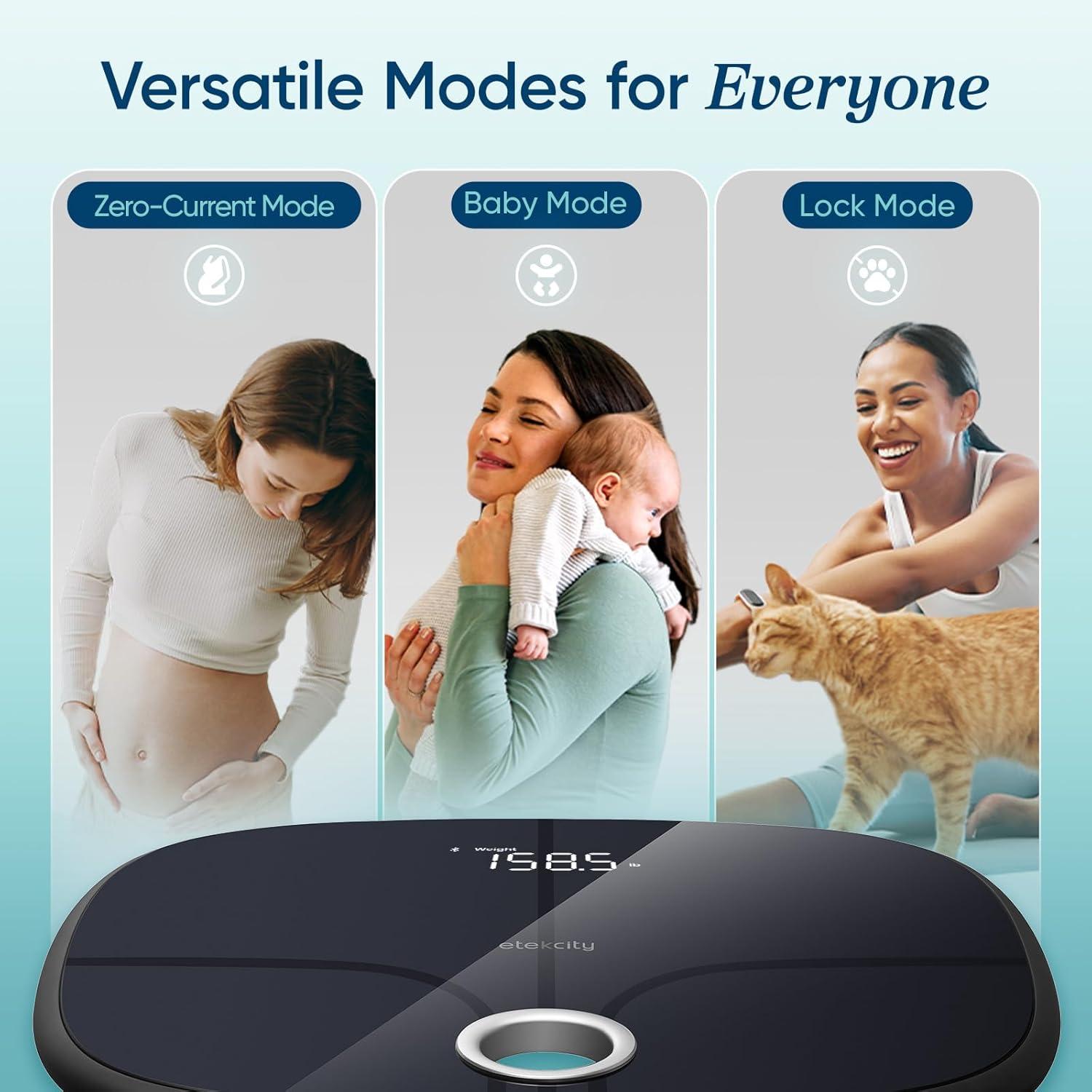imageEtekcity Scales for Body Weight Bathroom Digital Weight Scale Fat Smart Bluetooth BMI and Loss Sync 13 Data with Other Fitness Apps Black 11x11 InchRechargeable Stealth Black