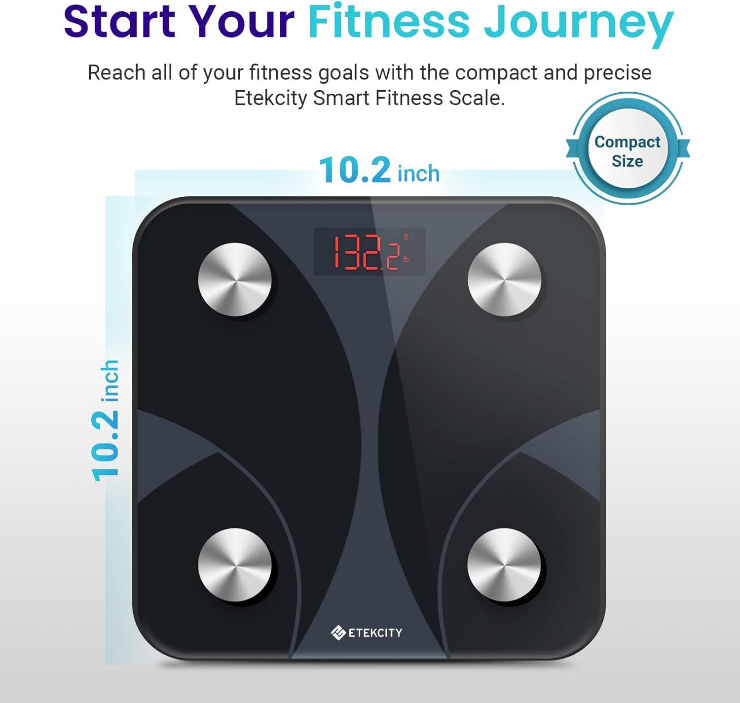 imageEtekcity Scales for Body Weight Bathroom Digital Weight Scale Fat Smart Bluetooth BMI and Loss Sync 13 Data with Other Fitness Apps Black 11x11 InchSmaller Black