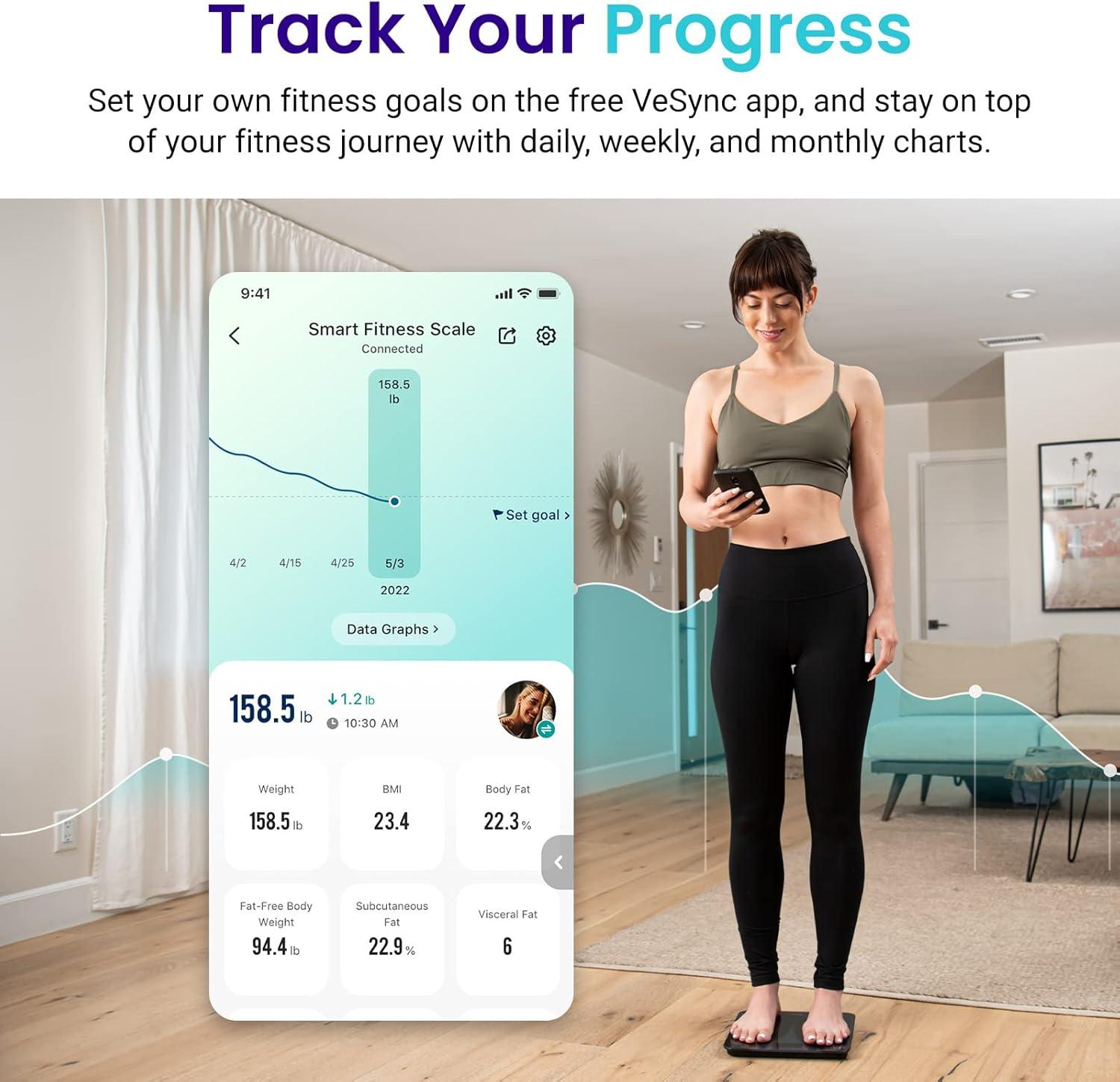 imageEtekcity Scales for Body Weight Bathroom Digital Weight Scale Fat Smart Bluetooth BMI and Loss Sync 13 Data with Other Fitness Apps Black 11x11 InchSmaller Black