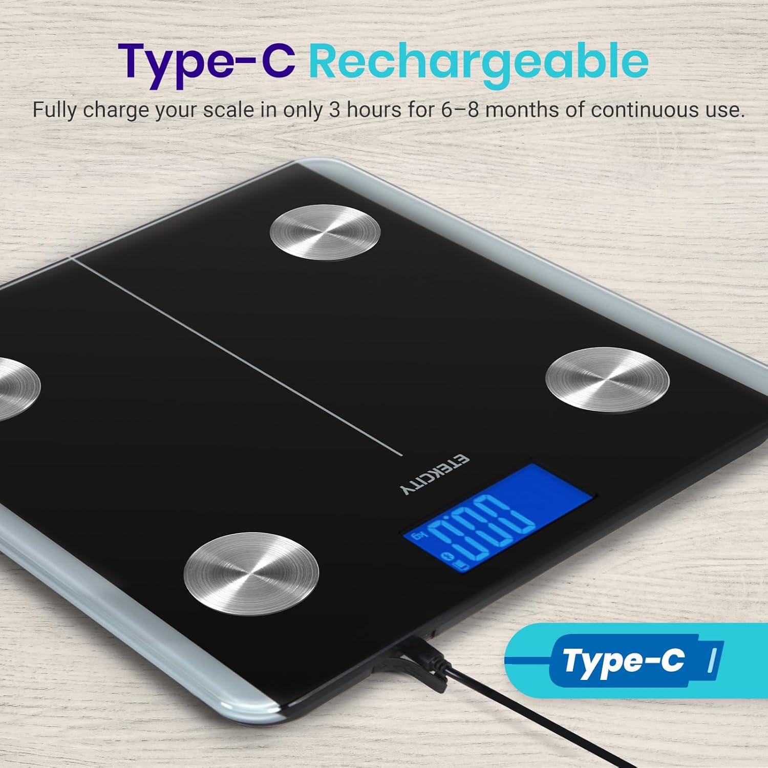 imageEtekcity Smart Rechargeable Body Fat Scale Digital Bathroom Scale for Body Weight and Muscle Accurate Weighing Machine for People Sync with Smartphone App 400lb Black