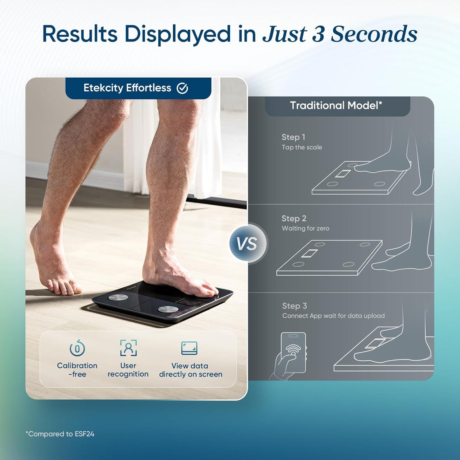 imageEtekcity Upgraded Smart Scale for Body Weight Bathroom Digital Scale with BMI Body Fat Muscle Mass 13 Metrics with a Large Display Support Offline Mode and Apps ConnectionSmart Black