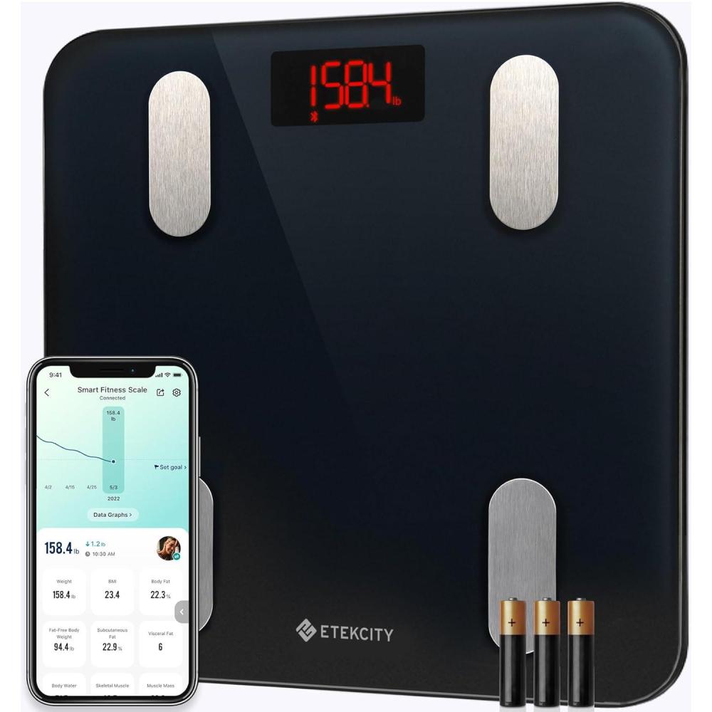 imageEtekcity Scales for Body Weight Bathroom Digital Weight Scale Fat Smart Bluetooth BMI and Loss Sync 13 Data with Other Fitness Apps Black 11x11 InchBlackDeep