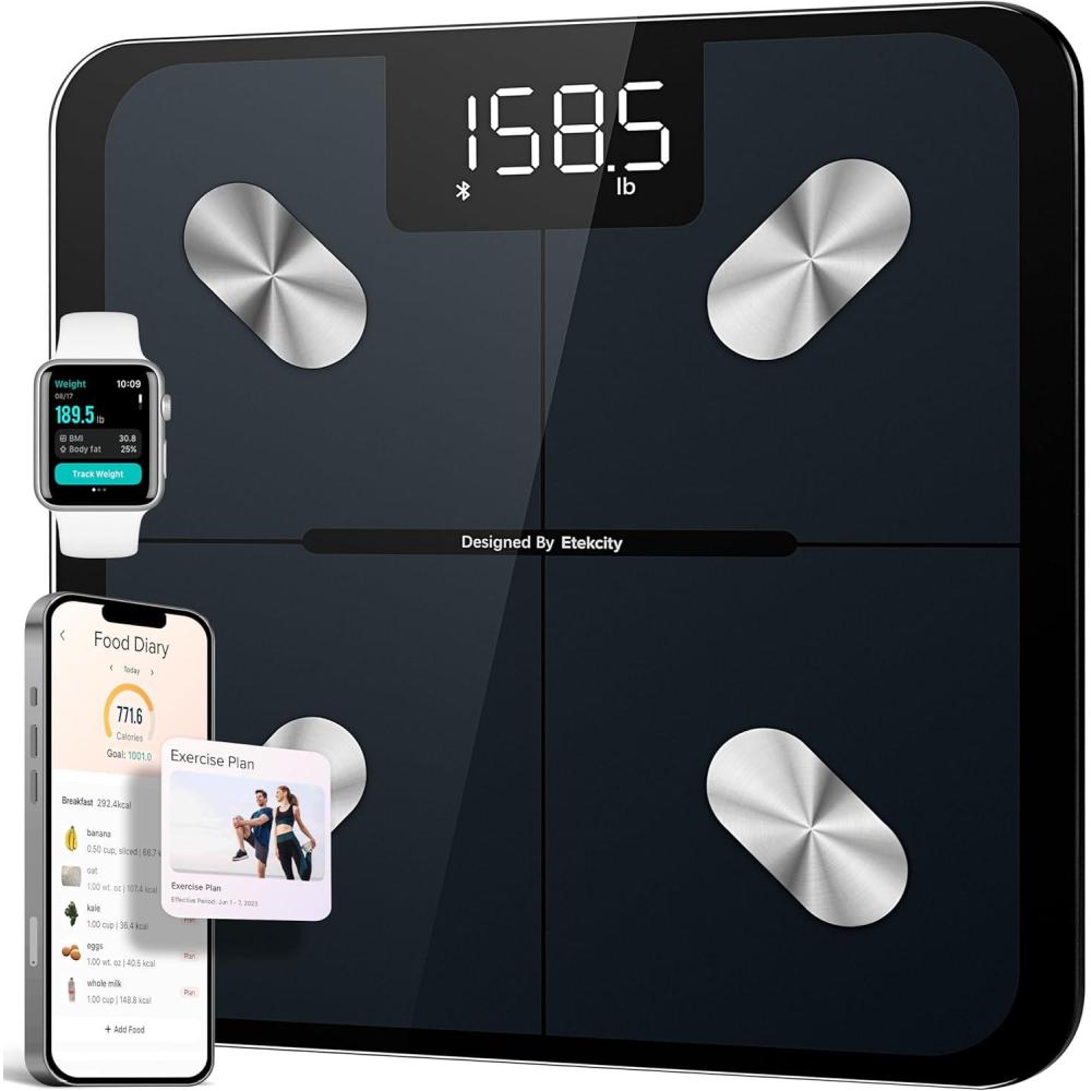 imageEtekcity Scales for Body Weight Bathroom Digital Weight Scale Fat Smart Bluetooth BMI and Loss Sync 13 Data with Other Fitness Apps Black 11x11 InchClassicBlack