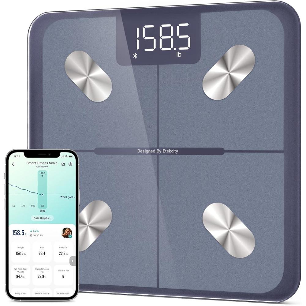 imageEtekcity Scales for Body Weight Bathroom Digital Weight Scale Fat Smart Bluetooth BMI and Loss Sync 13 Data with Other Fitness Apps Black 11x11 InchClassic Blue