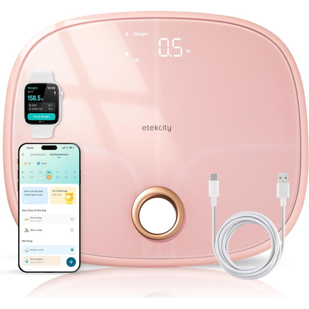 imageEtekcity Scales for Body Weight Bathroom Digital Weight Scale Fat Smart Bluetooth BMI and Loss Sync 13 Data with Other Fitness Apps Black 11x11 InchRechargeableCotton Candy Pink