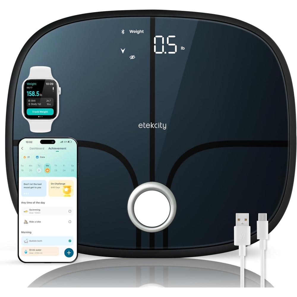 imageEtekcity Scales for Body Weight Bathroom Digital Weight Scale Fat Smart Bluetooth BMI and Loss Sync 13 Data with Other Fitness Apps Black 11x11 InchRechargeable Stealth Black