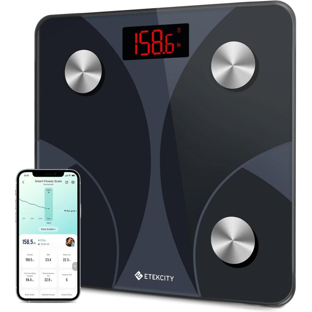 imageEtekcity Scales for Body Weight Bathroom Digital Weight Scale Fat Smart Bluetooth BMI and Loss Sync 13 Data with Other Fitness Apps Black 11x11 InchSmaller Black
