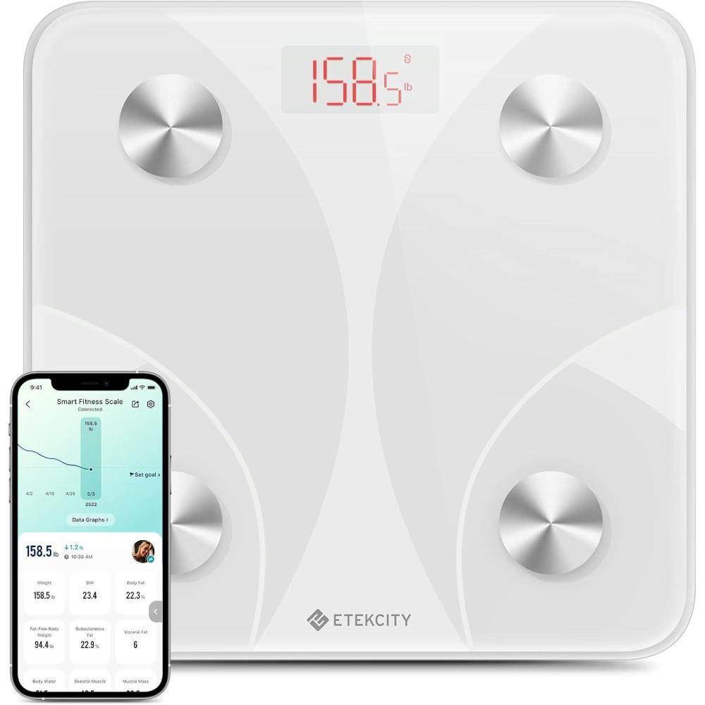 imageEtekcity Scales for Body Weight Bathroom Digital Weight Scale Fat Smart Bluetooth BMI and Loss Sync 13 Data with Other Fitness Apps Black 11x11 InchWhite