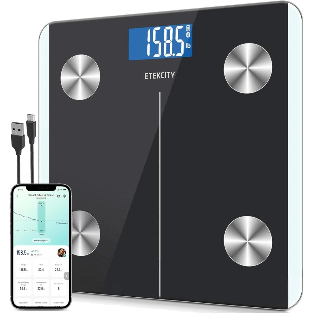 imageEtekcity Smart Rechargeable Body Fat Scale Digital Bathroom Scale for Body Weight and Muscle Accurate Weighing Machine for People Sync with Smartphone App 400lb Black
