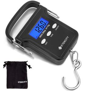 imageEtekcity Fishing Scale with Backlit LCD Display 110lb50kg Digital Electronic Hanging Hook Scale with Batteries and Carry Pouch Included Black NonSlip HandleDark Black