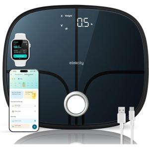 imageEtekcity Smart Scale for Body Weight Bathroom Digital Weighing Scale with BMI Body Fat Muscle Mass Accurate Bluetooth Home User Health Equipment Sync AppsRechargeable Stealth Black