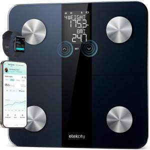 imageEtekcity Upgraded Smart Scale for Body Weight Bathroom Digital Scale with BMI Body Fat Muscle Mass 13 Metrics with a Large Display Support Offline Mode and Apps ConnectionSmart Black